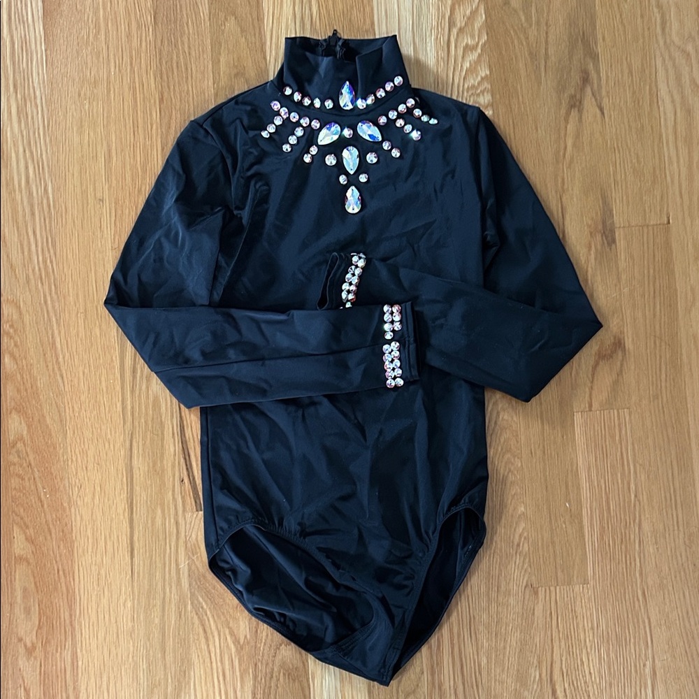 Balera Black Long Sleeve Irish Dance Leotard with genuine AB Swarovski gemstones